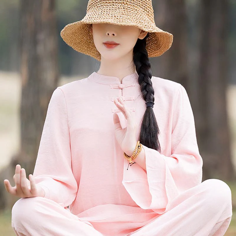 Buddha Stones 2 szt. Gładki wzór Top Spodnie Medytacja Joga Zen Tai Chi Bawełna Lniana Odzież Damska Zestaw - Image 15