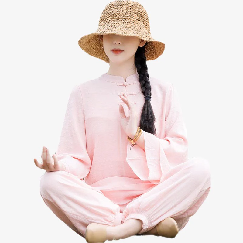 Buddha Stones 2 szt. Gładki wzór Top Spodnie Medytacja Joga Zen Tai Chi Bawełna Lniana Odzież Damska Zestaw - Image 16