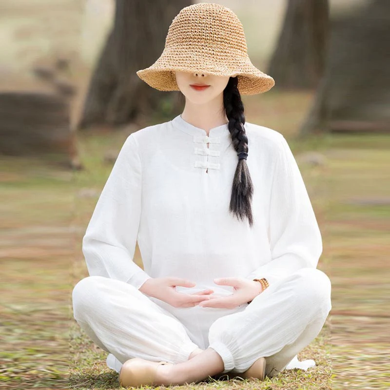 Buddha Stones 2 szt. Gładki wzór Top Spodnie Medytacja Joga Zen Tai Chi Bawełna Lniana Odzież Damska Zestaw - Image 17