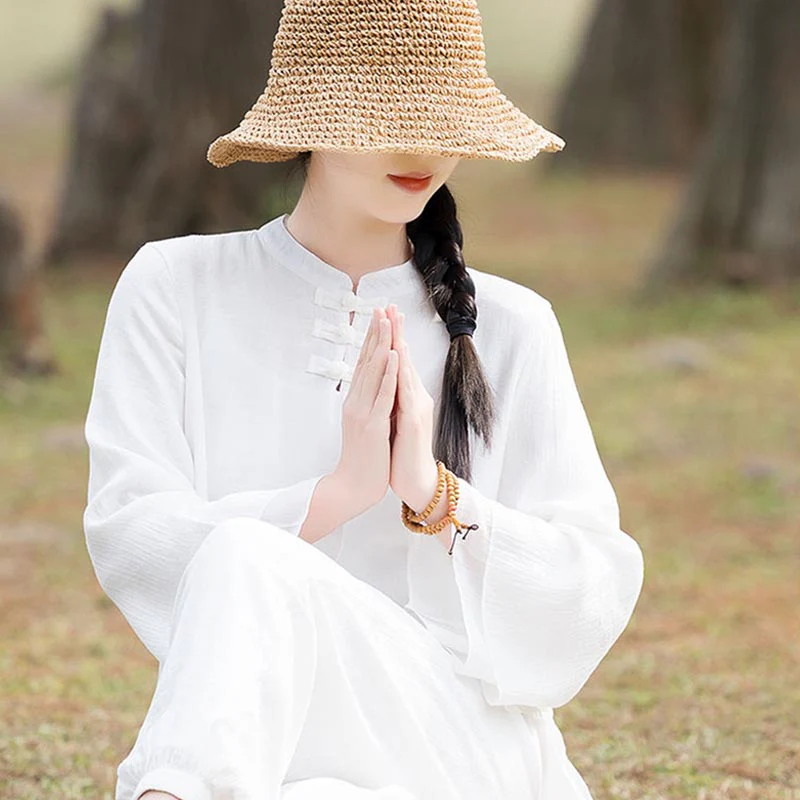 Buddha Stones 2 szt. Gładki wzór Top Spodnie Medytacja Joga Zen Tai Chi Bawełna Lniana Odzież Damska Zestaw - Image 19