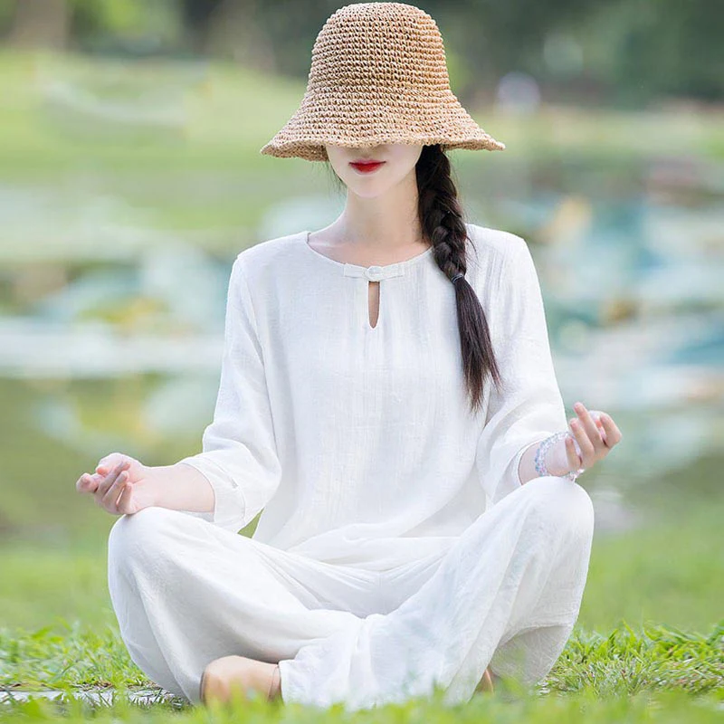 Buddha Stones 2 szt. Gładki wzór Top Spodnie Medytacja Joga Zen Tai Chi Bawełna Lniana Odzież Damska Zestaw - Image 25