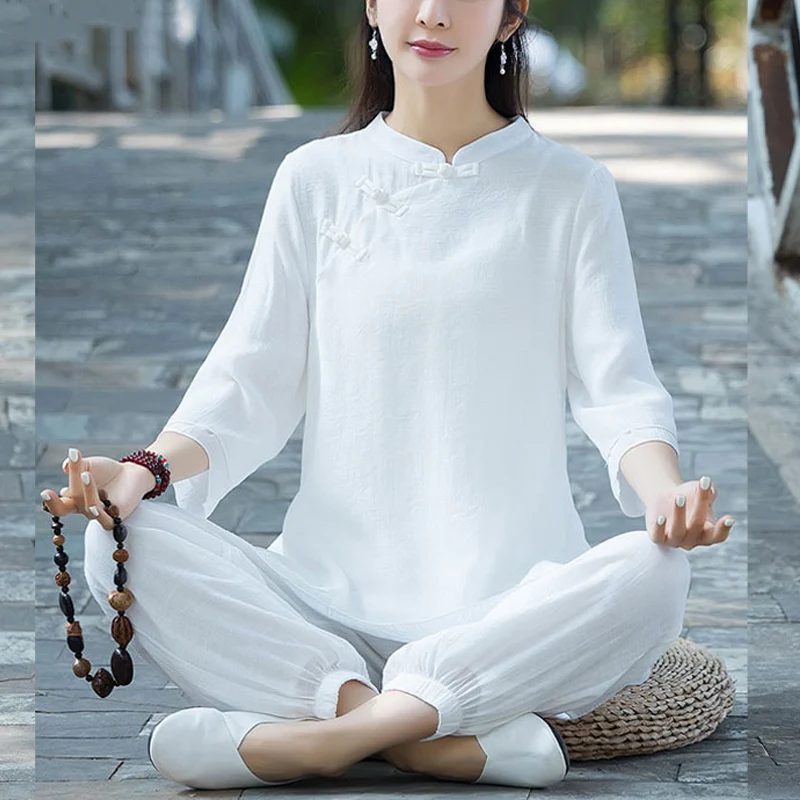 Buddha Stones 2 szt. Gładki wzór Top Spodnie Medytacja Joga Zen Tai Chi Bawełna Lniana Odzież Damska Zestaw - Image 26