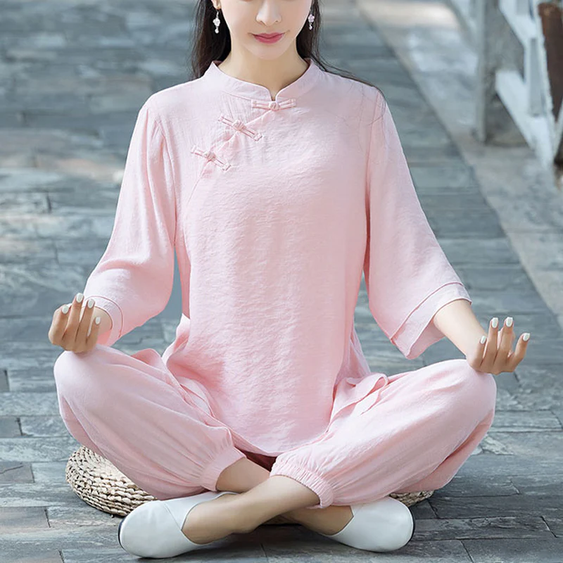 Buddha Stones 2 szt. Gładki wzór Top Spodnie Medytacja Joga Zen Tai Chi Bawełna Lniana Odzież Damska Zestaw - Image 27