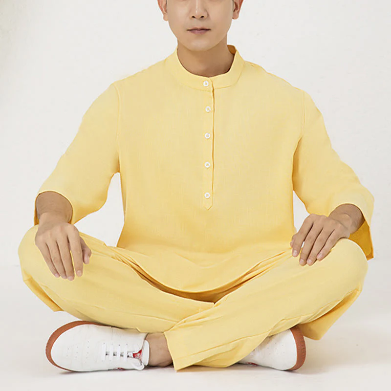 Buddha Stones 2 szt. Guziki Męska koszula z rękawem trzy czwarte Spodnie Medytacja Zen Tai Chi Bawełna Lniany Zestaw Ubrań - Image 12