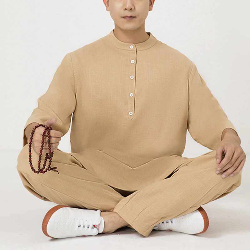 Buddha Stones 2 szt. Guziki Męska koszula z rękawem trzy czwarte Spodnie Medytacja Zen Tai Chi Bawełna Lniany Zestaw Ubrań - Image 14