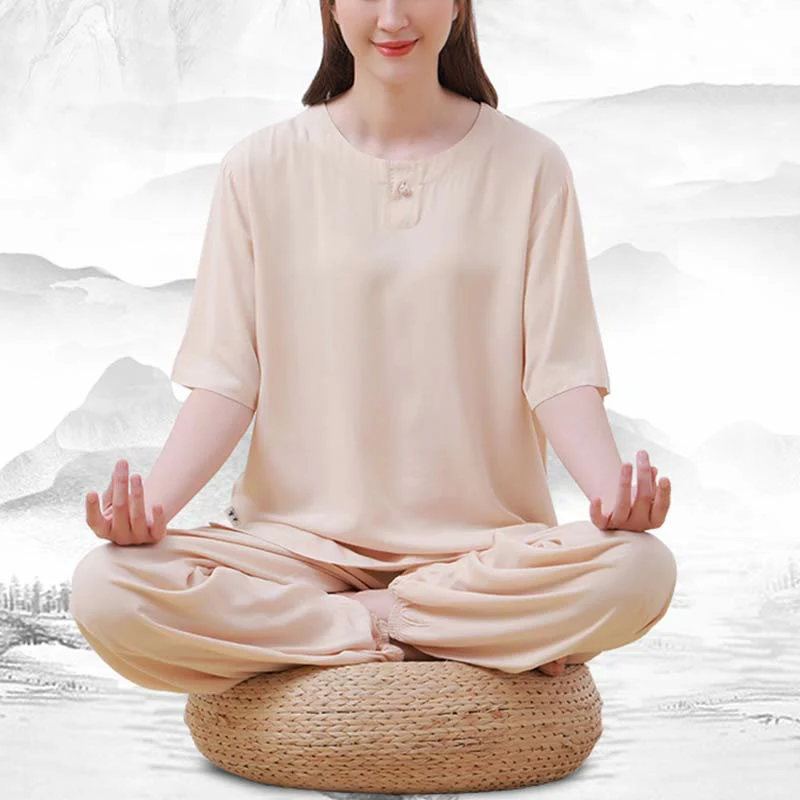 Buddha Stones 2 szt. Jednolity kolor Żaba-guzik Prosty design Okrągły dekolt Półrękaw Koszula Top Elastyczny pas Spodnie Medytacja Zen Tai Chi Bawełniana odzież damska Zestaw - Image 2