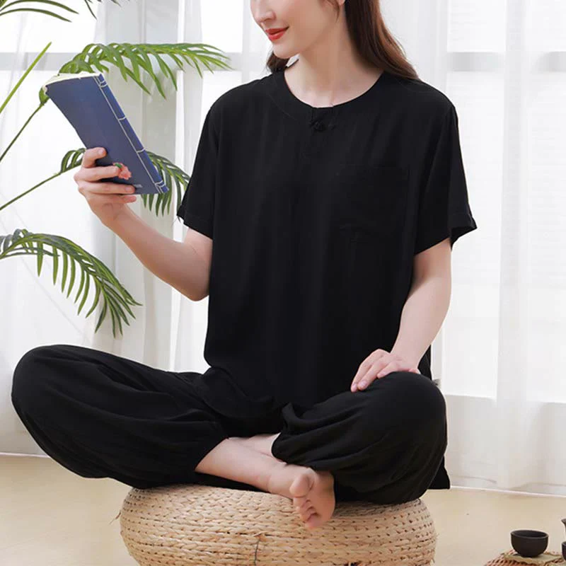 Buddha Stones 2 szt. Jednolity kolor Żaba-guzik Prosty design Okrągły dekolt Półrękaw Koszula Top Elastyczny pas Spodnie Medytacja Zen Tai Chi Bawełniana odzież damska Zestaw - Image 20