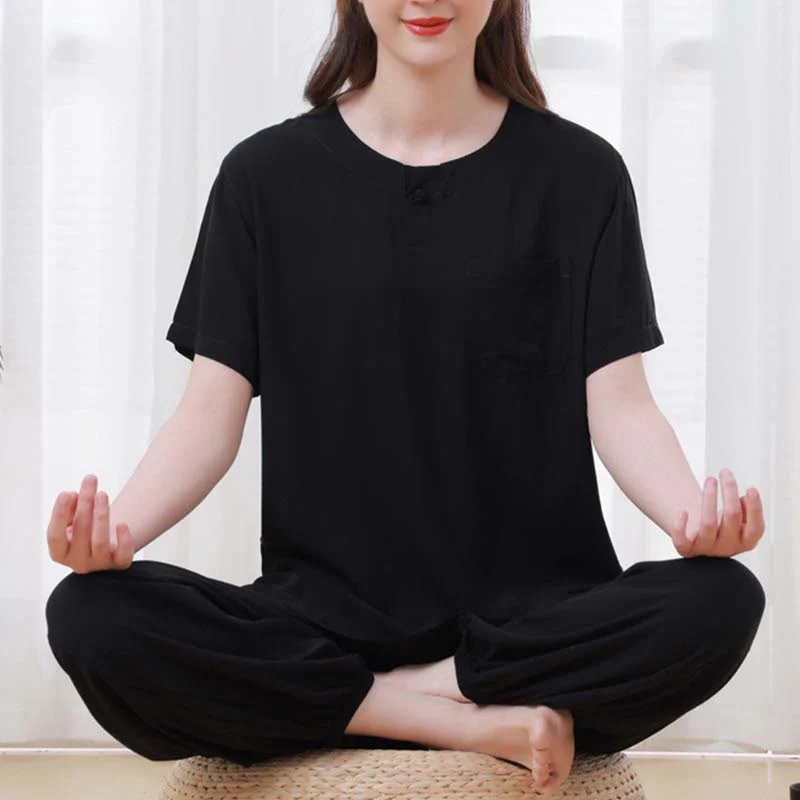 Buddha Stones 2 szt. Jednolity kolor Żaba-guzik Prosty design Okrągły dekolt Półrękaw Koszula Top Elastyczny pas Spodnie Medytacja Zen Tai Chi Bawełniana odzież damska Zestaw - Image 21