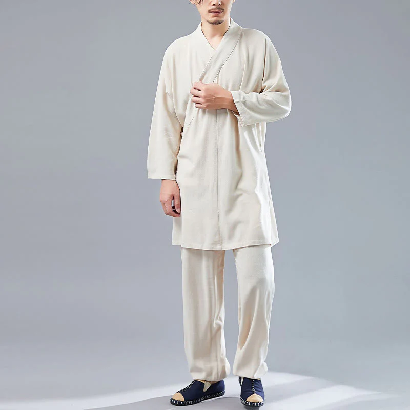 Buddha Stones 2 szt. Koszulka męska z długim rękawem i dekoltem w serek Top Spodnie Medytacja Zen Tai Chi Bawełna Lniany Zestaw Ubrań - Image 10