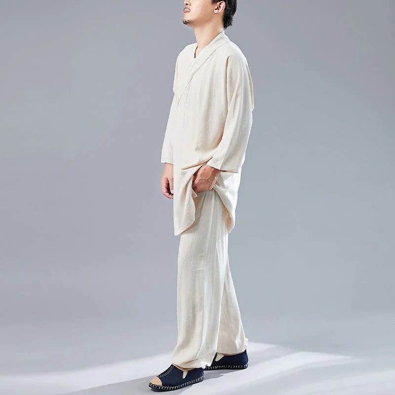 Buddha Stones 2 szt. Koszulka męska z długim rękawem i dekoltem w serek Top Spodnie Medytacja Zen Tai Chi Bawełna Lniany Zestaw Ubrań - Image 14