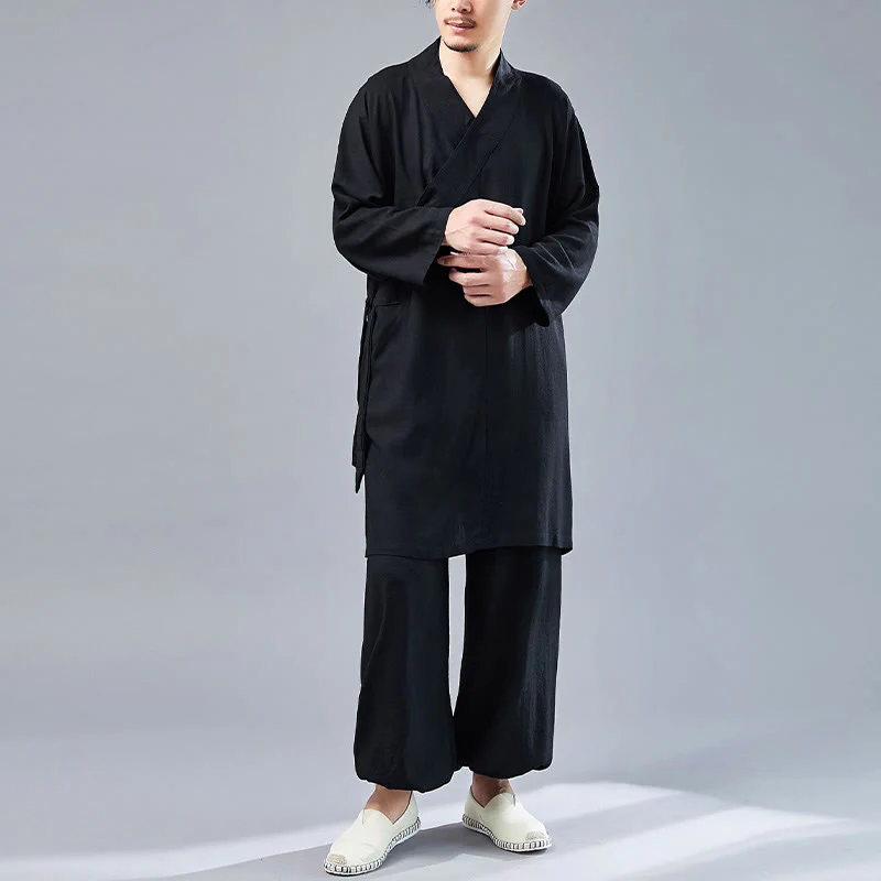 Buddha Stones 2 szt. Koszulka męska z długim rękawem i dekoltem w serek Top Spodnie Medytacja Zen Tai Chi Bawełna Lniany Zestaw Ubrań - Image 23