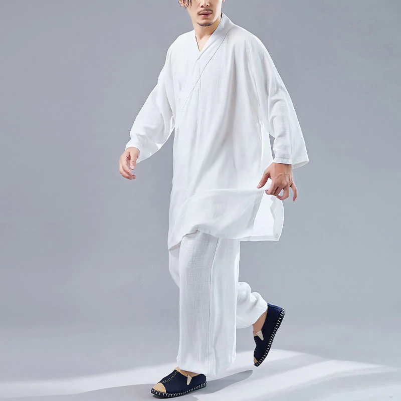 Buddha Stones 2 szt. Koszulka męska z długim rękawem i dekoltem w serek Top Spodnie Medytacja Zen Tai Chi Bawełna Lniany Zestaw Ubrań - Image 4