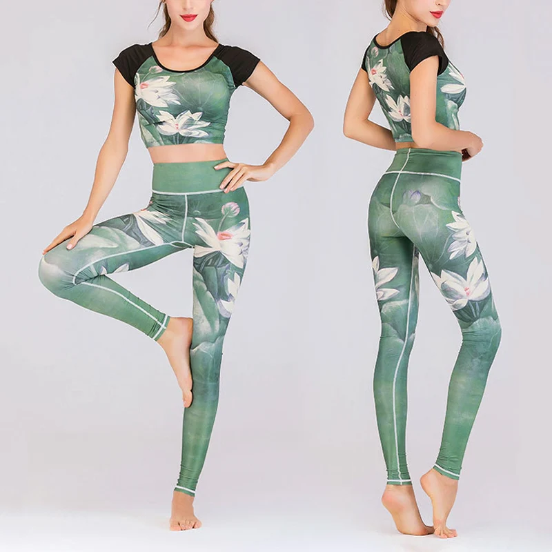 Buddha Stones 2 szt. Lotos Feniks Wiosenne Kwiaty Pawie Nadruk Top Spodnie Sport Fitness Joga Damskie Zestawy Jogi