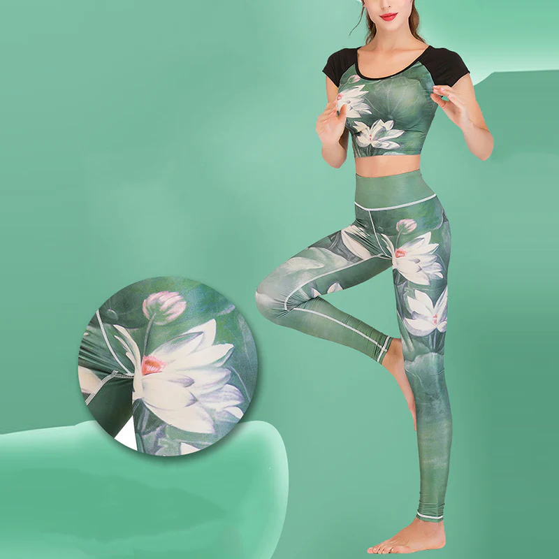 Buddha Stones 2 szt. Lotos Feniks Wiosenne Kwiaty Pawie Nadruk Top Spodnie Sport Fitness Joga Damskie Zestawy Jogi - Image 3