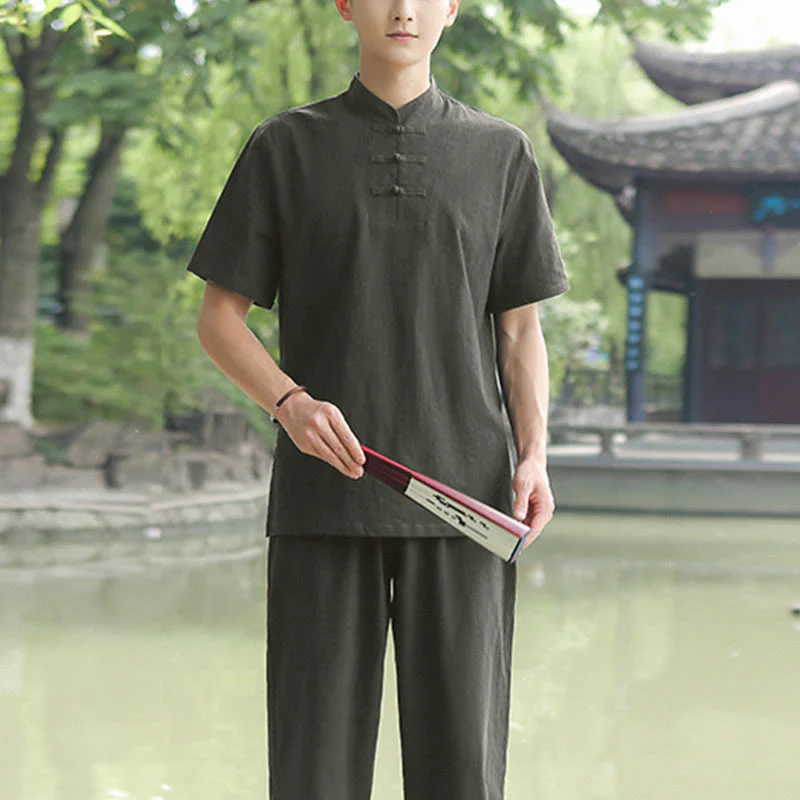 Buddha Stones 2 szt. męska koszulka z krótkim rękawem top T-shirt spodnie medytacja zen tai chi bawełna lniana odzież zestaw - Image 11
