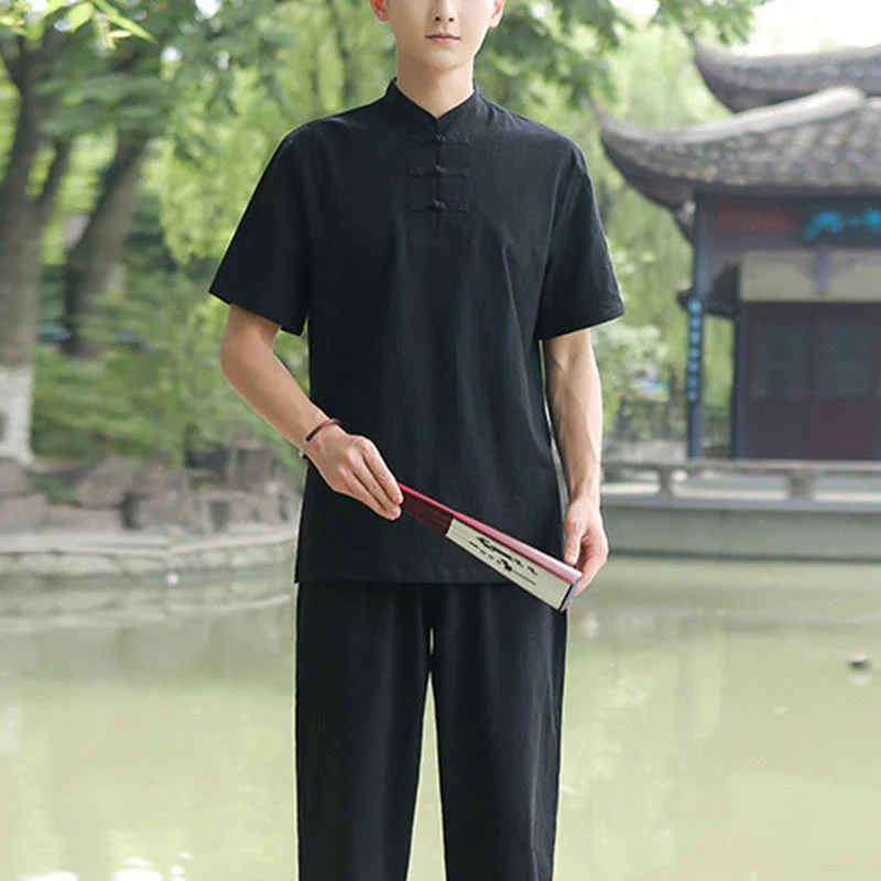 Buddha Stones 2 szt. męska koszulka z krótkim rękawem top T-shirt spodnie medytacja zen tai chi bawełna lniana odzież zestaw - Image 12