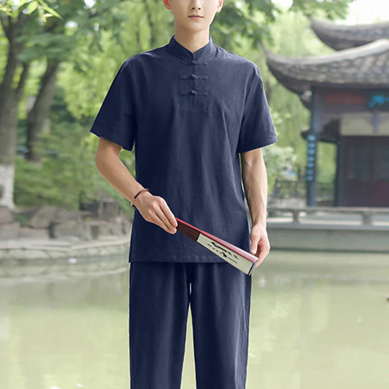 Buddha Stones 2 szt. męska koszulka z krótkim rękawem top T-shirt spodnie medytacja zen tai chi bawełna lniana odzież zestaw - Image 3