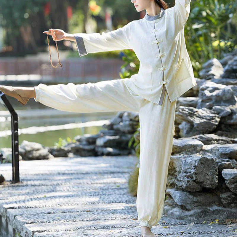 Buddha Stones 2 szt. Żaba-guzik Długi rękaw Koszula Top Spodnie Medytacja Zen Tai Chi Bawełna Lniana Odzież Damska Zestaw - Image 4
