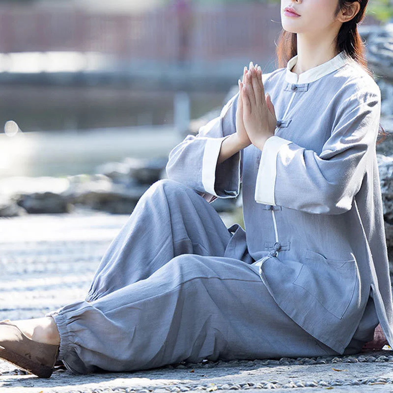 Buddha Stones 2 szt. Żaba-guzik Długi rękaw Koszula Top Spodnie Medytacja Zen Tai Chi Bawełna Lniana Odzież Damska Zestaw - Image 8