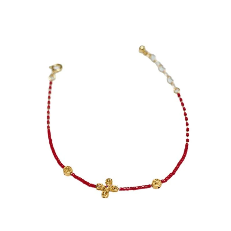 Buddha Stones 24k pozłacane 925 srebro Liuli szklane koraliki PiXiu czterolistna koniczyna radość i szczęście bogactwo bransoletka - Image 9