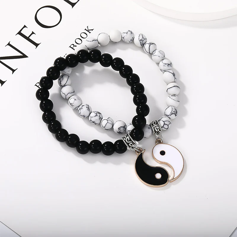 Buddha Stones 2szt. Czarny Onyks Biały Turkus Koralik Yin Yang Ochrona Para Bransoletka - Image 15