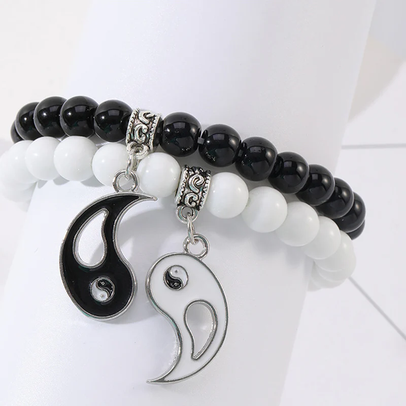 Buddha Stones 2szt. Czarny Onyks Biały Turkus Koralik Yin Yang Ochrona Para Bransoletka - Image 9