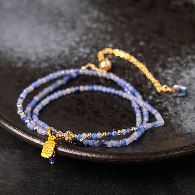 Bransoletka z Buddha Stones o średnicy 3 mm, ultracienkie koraliki, naturalny lazuryt i lapis lazuli, potrójnie owinięte, Fu Character Positive