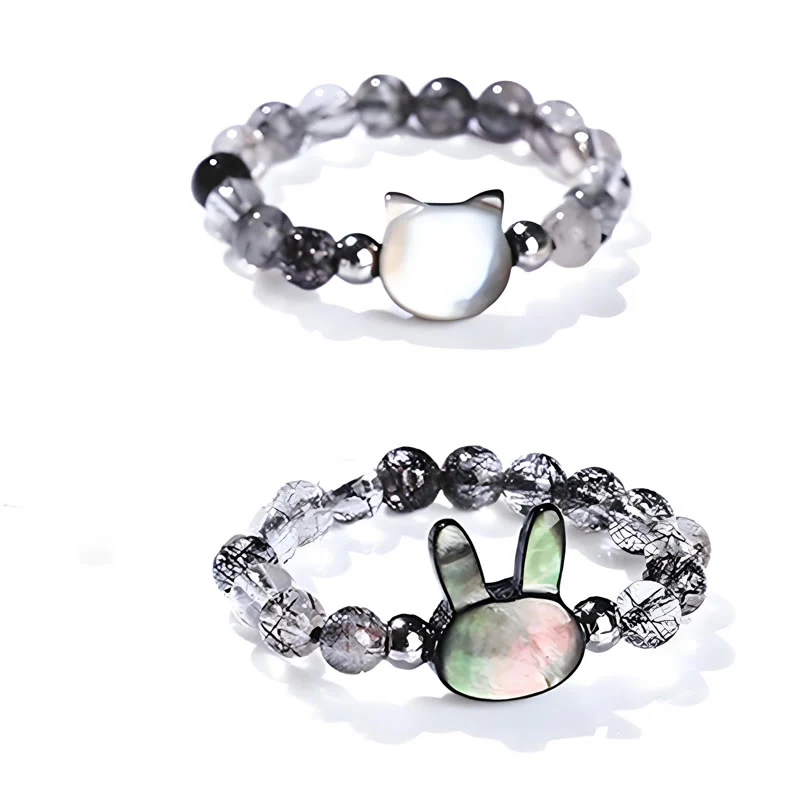 Buddha Stones 3mm Czarny Rutilated Quartz Tridacna Stone Pierścień Królik Kot - Image 15