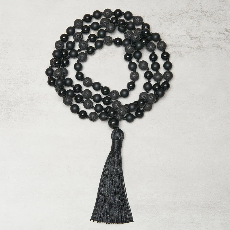 Buddha Stones 8 mm Koraliki Czarny Onyks Lawa Kamień Ochrona Tassel Fortune Mala - Image 2