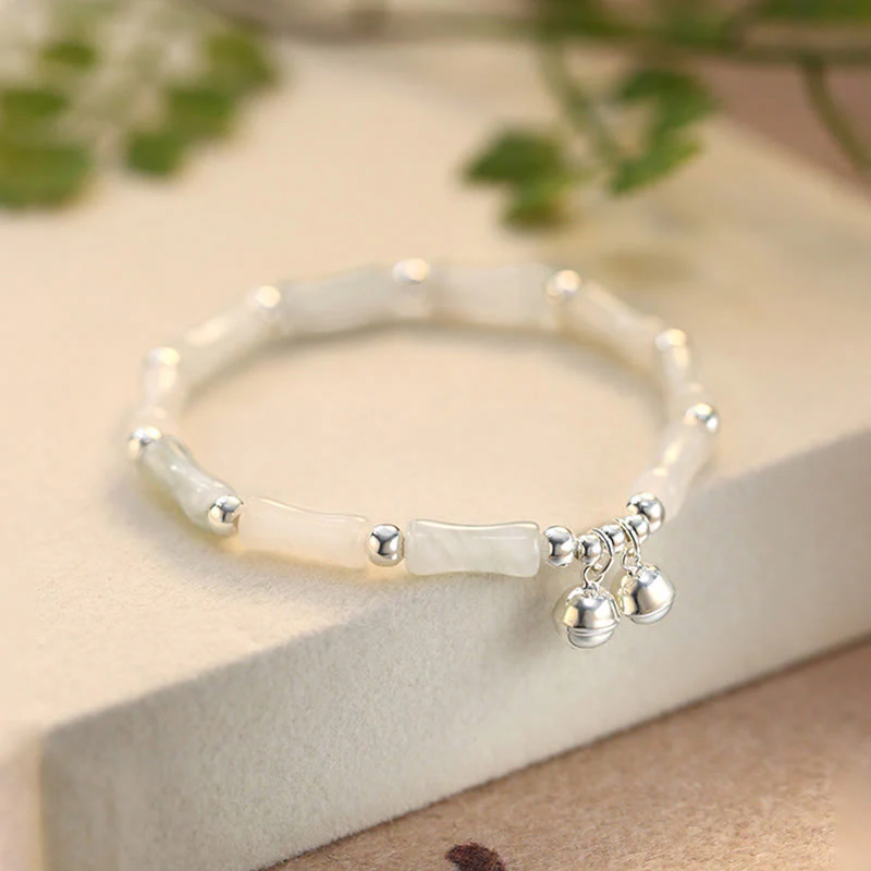 Buddha Stones 925 Srebro Sterling Naturalny Biały Jadeit Bambus Dzwonek Charm Bransoletka Szczęście - Image 2