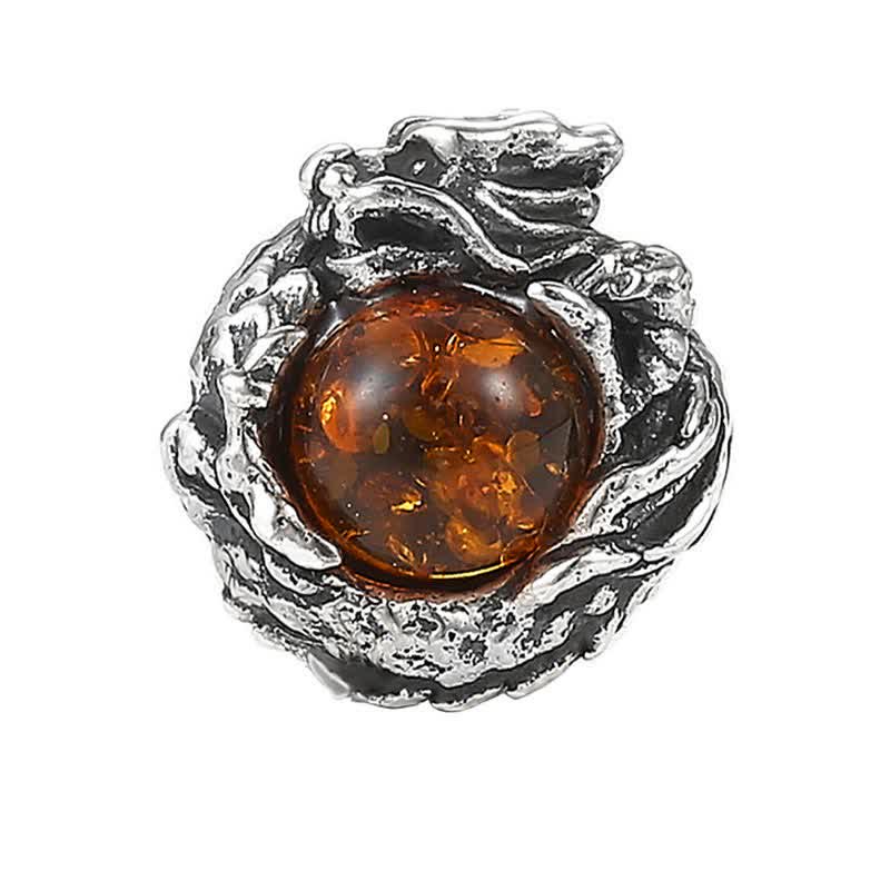 Buddha Stones 925 Srebro Sterling Naturalny Bursztyn Smok Sukces Ochrona