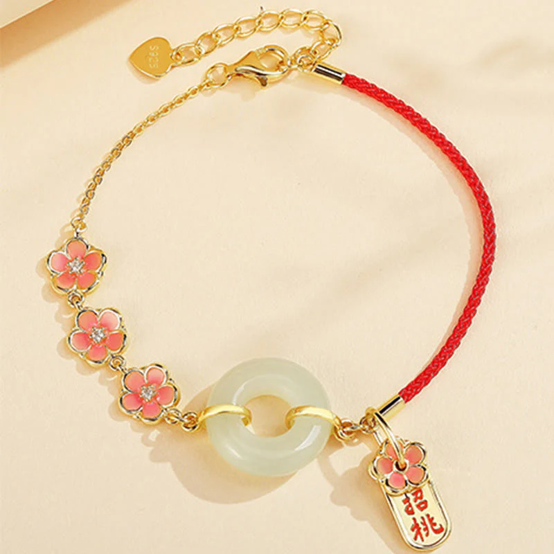 Buddha Stones 925 Srebro Sterling Naturalny Hetian Jade Peach Blossom Peace Buckle Bransoletka Naszyjnik Wisiorek - Image 8