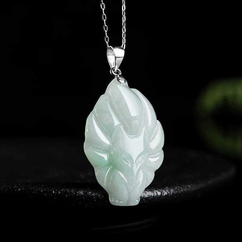 Naszyjnik z naturalnym jadeitem z Buddha Stones, lisem dziewięcioogoniastym, łańcuszkiem z tytanu i stalą, z wisiorkiem - Image 2