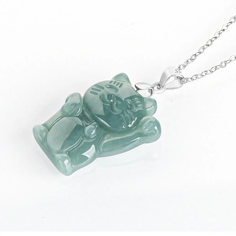 Naszyjnik z wisiorkiem z naturalnego jadeitu z Buddha Stones, kotem szczęścia i obfitością, wykonany ze stali tytanowej - Image 4