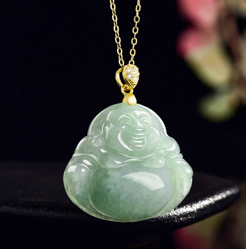 Naszyjnik z Buddha Stones z naturalnego jadeitu, śmiejącego się Buddy, szczęścia i dobrobytu, wykonany ze stali tytanowej - Image 2