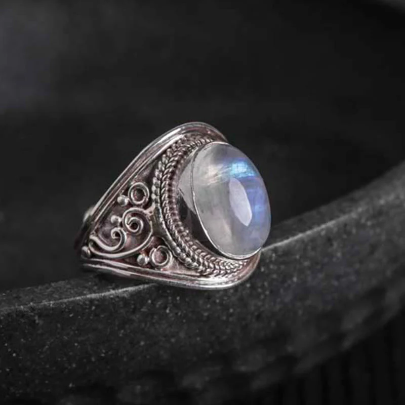 Buddha Stones 925 Srebro Sterling Ręcznie robiony Naturalny Kamień Księżycowy Uzdrawiający Regulowany Pierścień - Image 12