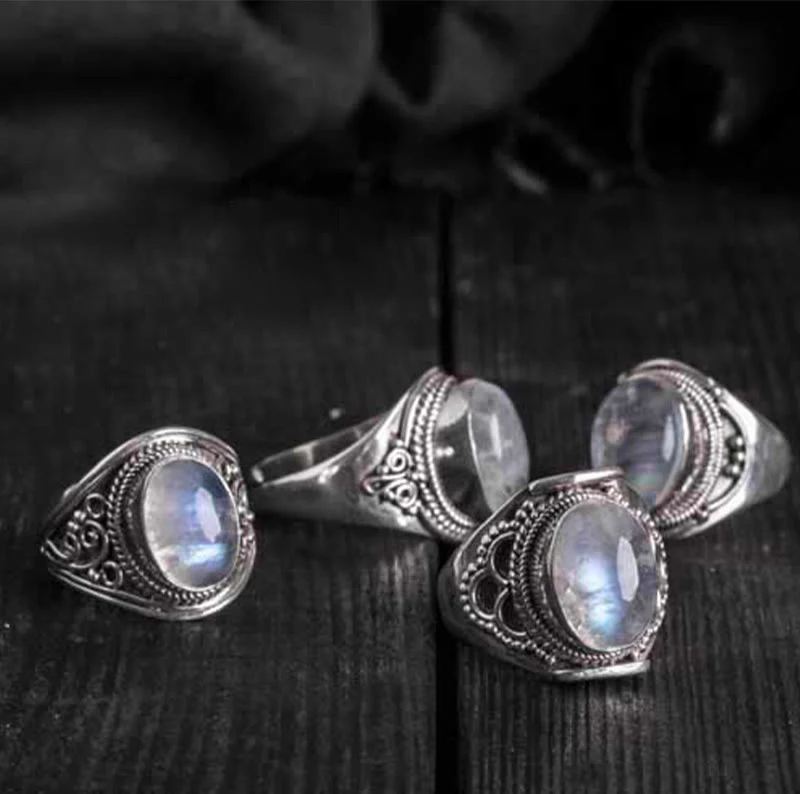 Buddha Stones 925 Srebro Sterling Ręcznie robiony Naturalny Kamień Księżycowy Uzdrawiający Regulowany Pierścień - Image 17
