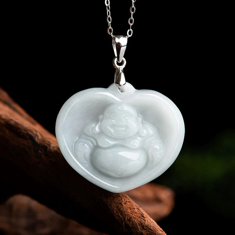 Naszyjnik z Buddha Stones Śmiejący się Budda Biały Jadeit Błogosławieństwo Szczęścia Wisiorek ze Stali Tytanowej