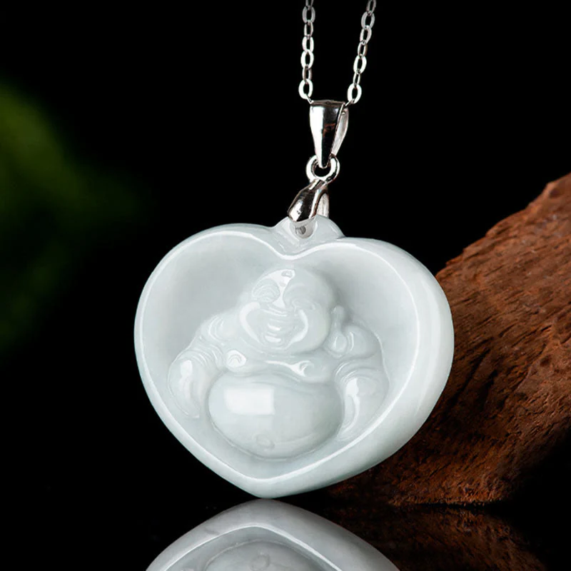 Naszyjnik z Buddha Stones Śmiejący się Budda Biały Jadeit Błogosławieństwo Szczęścia Wisiorek ze Stali Tytanowej - Image 2