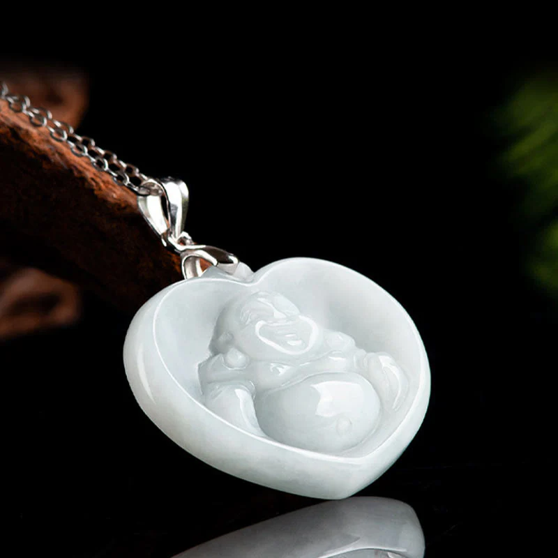 Naszyjnik z Buddha Stones Śmiejący się Budda Biały Jadeit Błogosławieństwo Szczęścia Wisiorek ze Stali Tytanowej - Image 3