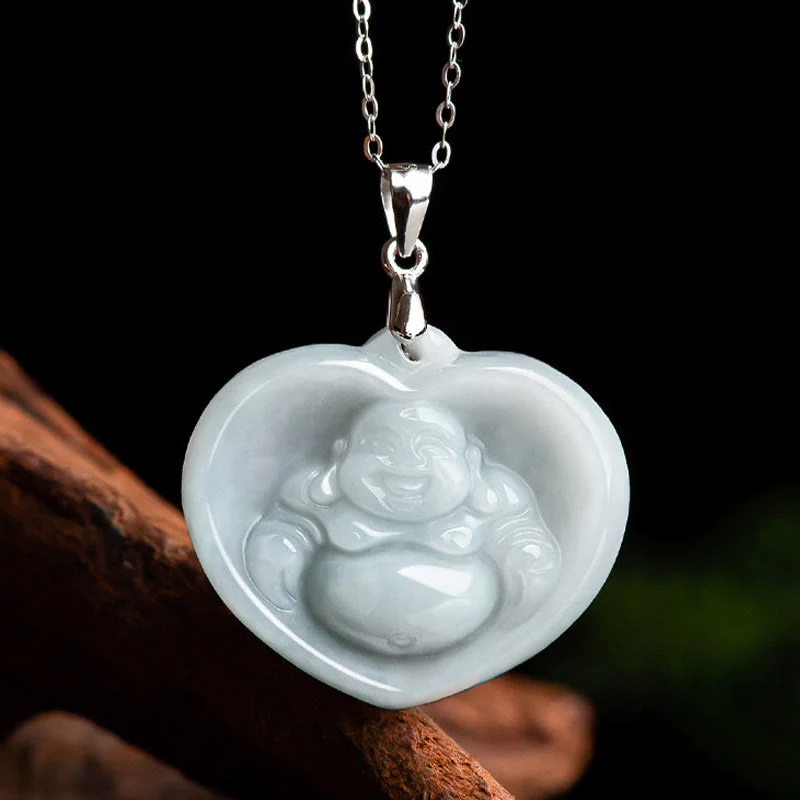 Naszyjnik z Buddha Stones Śmiejący się Budda Biały Jadeit Błogosławieństwo Szczęścia Wisiorek ze Stali Tytanowej - Image 4