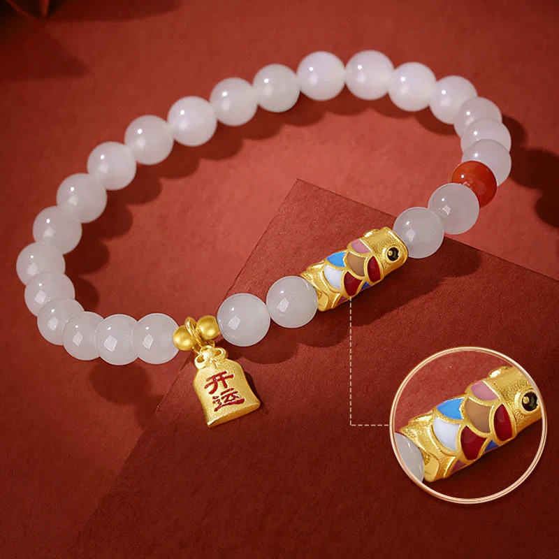 Buddha Stones 925 Srebro Sterlingowe Hetian Biały Jade Czerwony Agat Koi Ryba Szczęście Bransoletka - Image 5