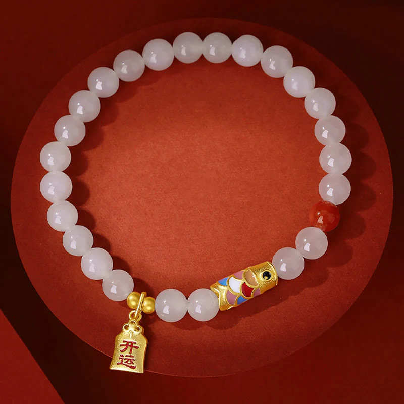 Buddha Stones 925 Srebro Sterlingowe Hetian Biały Jade Czerwony Agat Koi Ryba Szczęście Bransoletka - Image 7