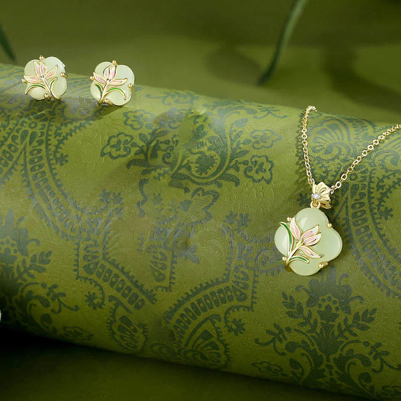 Buddha Stones 925 Srebro Sterlingowe Magnolia Motyl Hetian Jade Czterolistna Koniczyna Kolczyki Błogosławieństwo Naszyjnik Wisiorek - Image 12