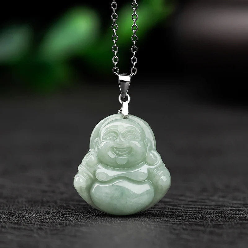 Naszyjnik z Buddha Stones z jadeitu, błogosławieństwem i śmiejącym się Buddą, wykonany ze stali tytanowej