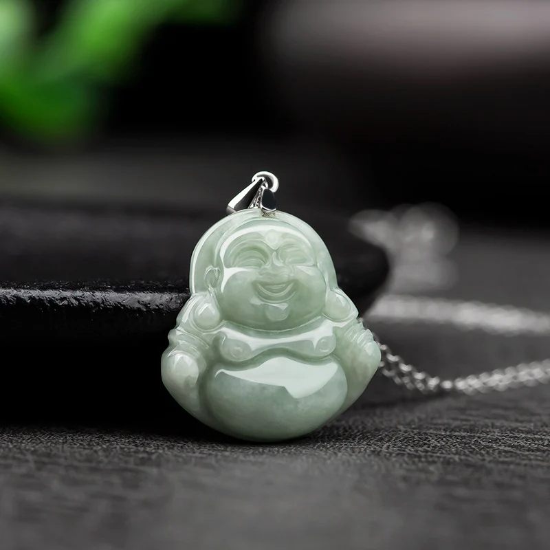 Naszyjnik z Buddha Stones z jadeitu, błogosławieństwem i śmiejącym się Buddą, wykonany ze stali tytanowej - Image 2