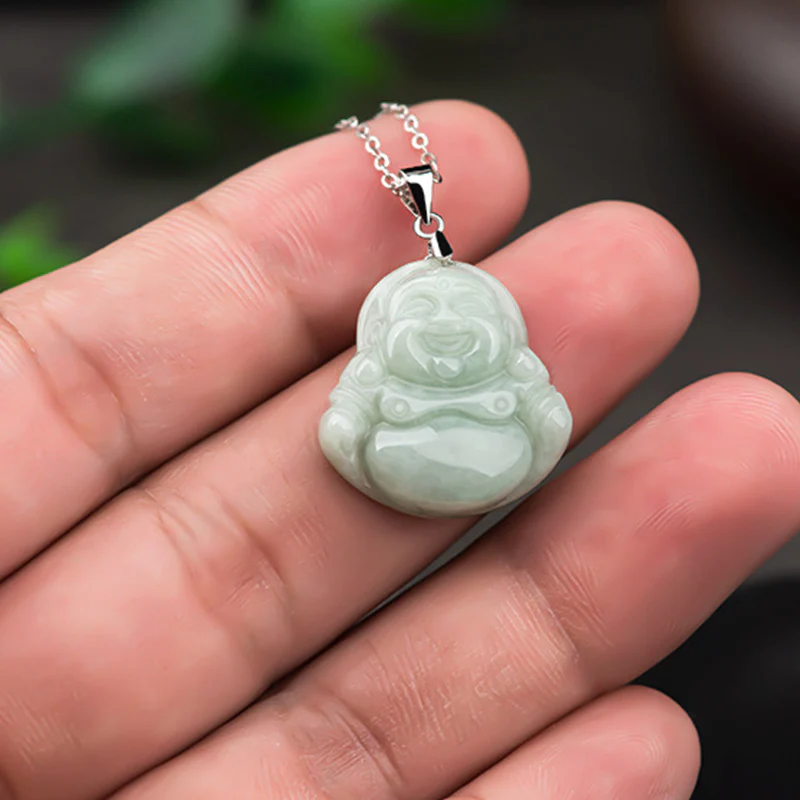 Naszyjnik z Buddha Stones z jadeitu, błogosławieństwem i śmiejącym się Buddą, wykonany ze stali tytanowej - Image 5