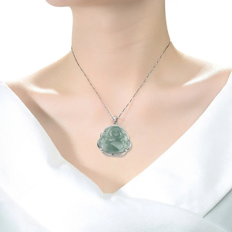 Naszyjnik z Buddha Stones Śmiejący się Budda Naturalny Jadeit Szczęścia Wisiorek ze Stali Tytanowej - Image 3