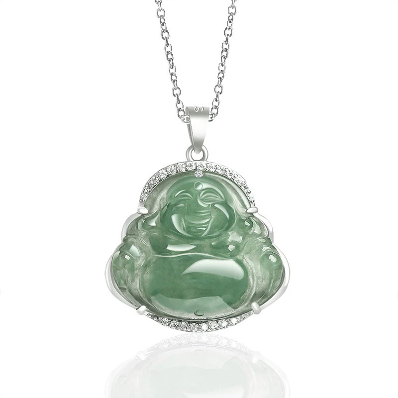 Buddha Stones Śmiejący się Budda Naturalny Jadeit Szczęście Dobrobyt Tytanowy Stalowy Łańcuszek Wisiorek