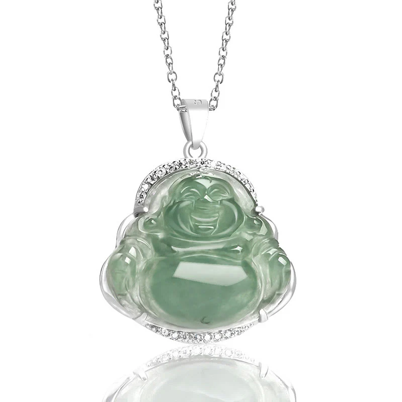 Buddha Stones Śmiejący się Budda Naturalny Jadeit Szczęście Dobrobyt Tytanowy Stalowy Łańcuszek Wisiorek - Image 2